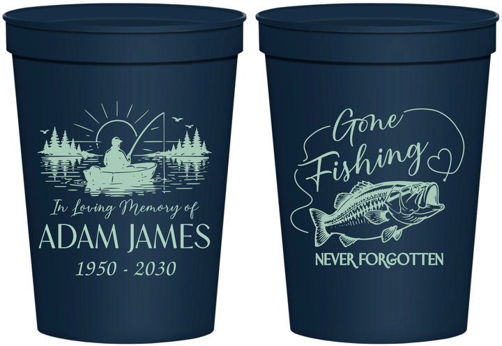 Personalized Memorial 16 oz Stadium Cups - Gone Fishing | 310024