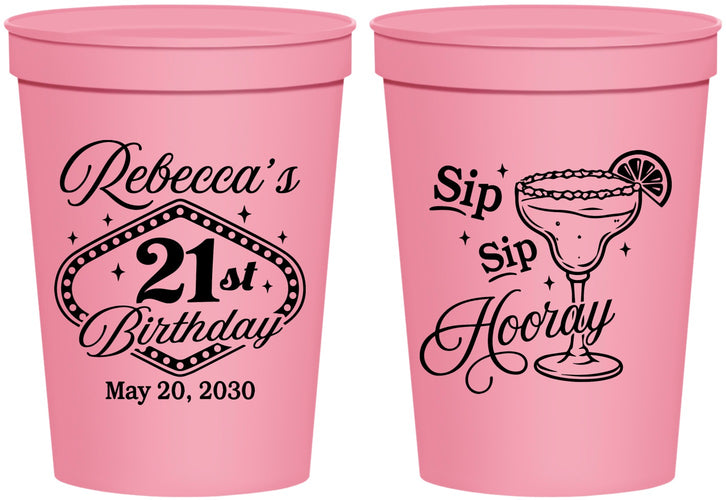 Personalized 21st Birthday 16 oz Stadium Cups - Sip Sip Hooray Vegas | 340006