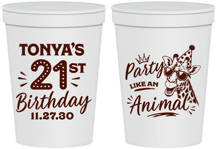 Personalized 21st Birthday 16 oz Stadium Cups - Party Like An Animal Giraffe | 340022