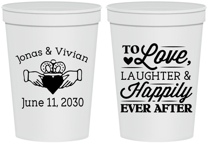 Personalized Wedding 16 oz Stadium Cups - Love Laughter Happily | 346