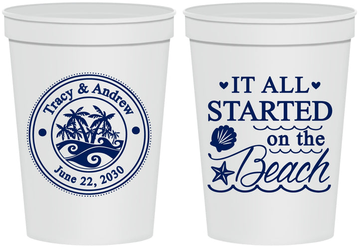 Personalized Wedding 16 oz Stadium Cups - Started On The Beach | 362