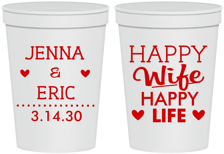 Personalized Wedding 16 oz Stadium Cups - Happy Wife Happy Life | 393
