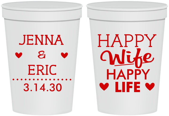 Personalized Wedding 16 oz Stadium Cups - Happy Wife Happy Life | 393