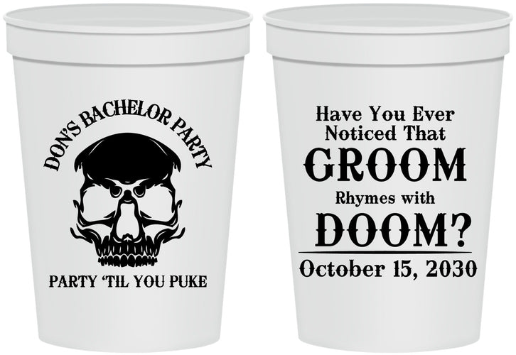 Personalized Bachelor Party 16 oz Stadium Cups - Groom Doom Skull | 40041
