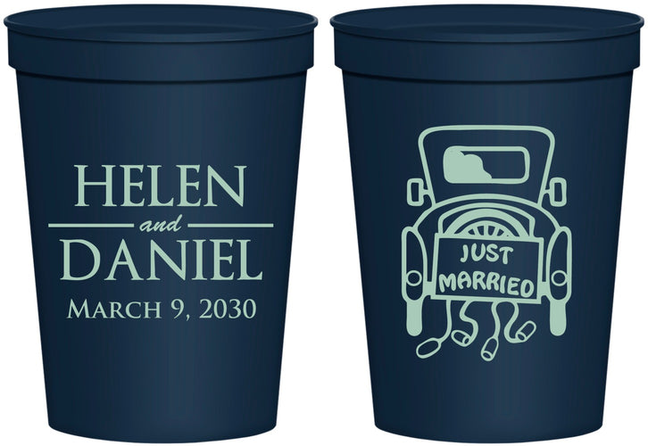Personalized Wedding 16 oz Stadium Cups - Just Married Old Car | 413