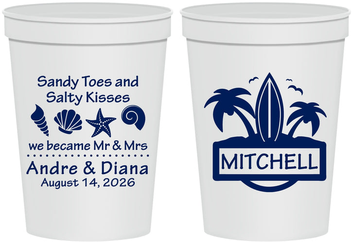 Personalized Wedding 16 oz Stadium Cups - Sandy Toes Salty Kisses | 419
