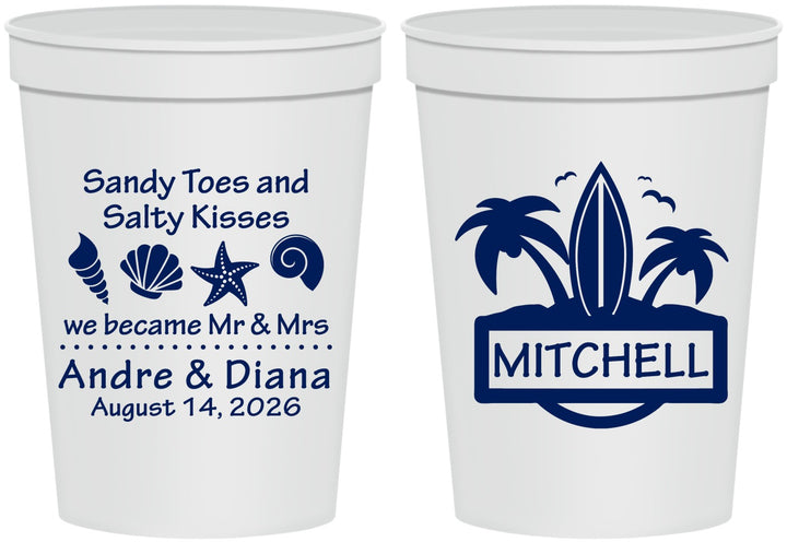 Personalized Wedding 16 oz Stadium Cups - Sandy Toes Salty Kisses | 419