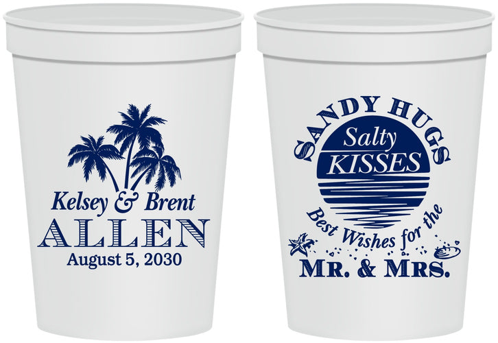 Personalized Wedding 16 oz Stadium Cups - Sandy Hugs Salty Kisses | 425