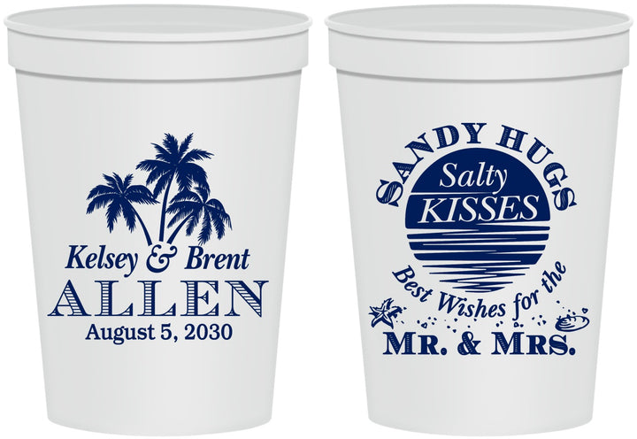 Personalized Wedding 16 oz Stadium Cups - Sandy Hugs Salty Kisses | 425