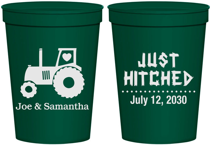 Personalized Wedding 16 oz Stadium Cups - Just Hitched Tractor | 429