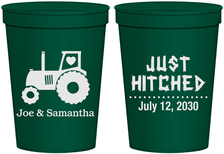 Personalized Wedding 16 oz Stadium Cups - Just Hitched Tractor | 429