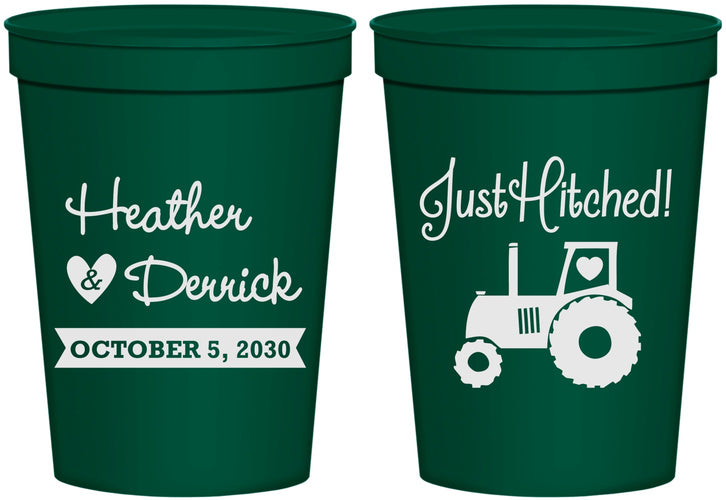 Personalized Wedding 16 oz Stadium Cups - Just Hitched Tractor | 482