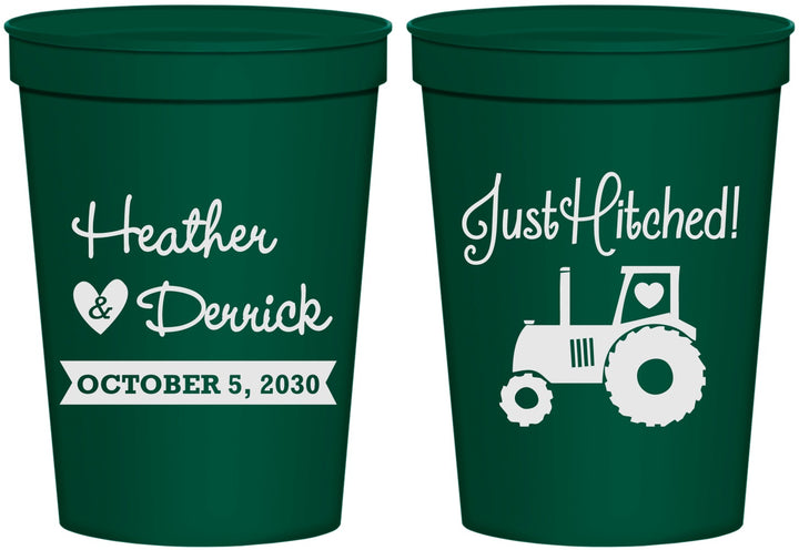 Personalized Wedding 16 oz Stadium Cups - Just Hitched Tractor | 482