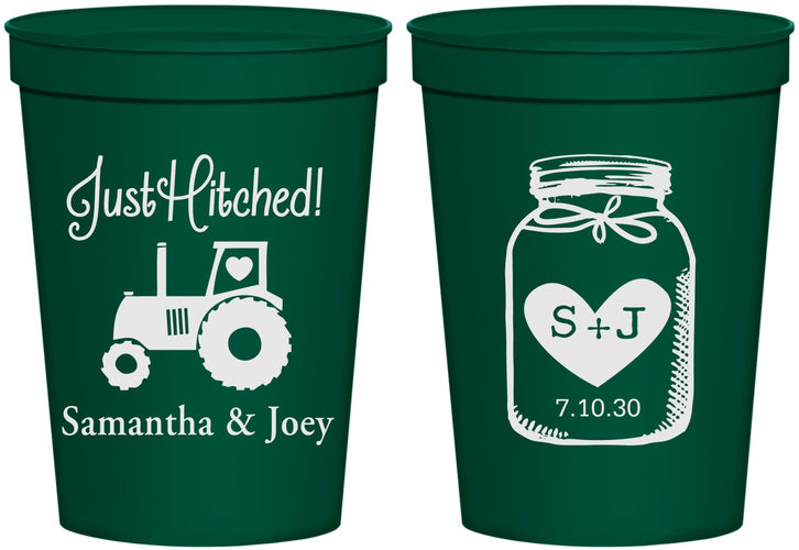 Personalized Wedding 16 oz Stadium Cups - Just Hitched Mason Jar | 483