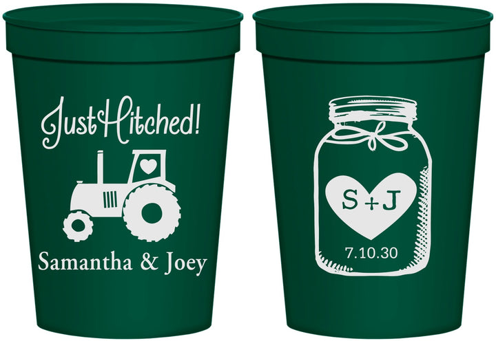 Personalized Wedding 16 oz Stadium Cups - Just Hitched Mason Jar | 483