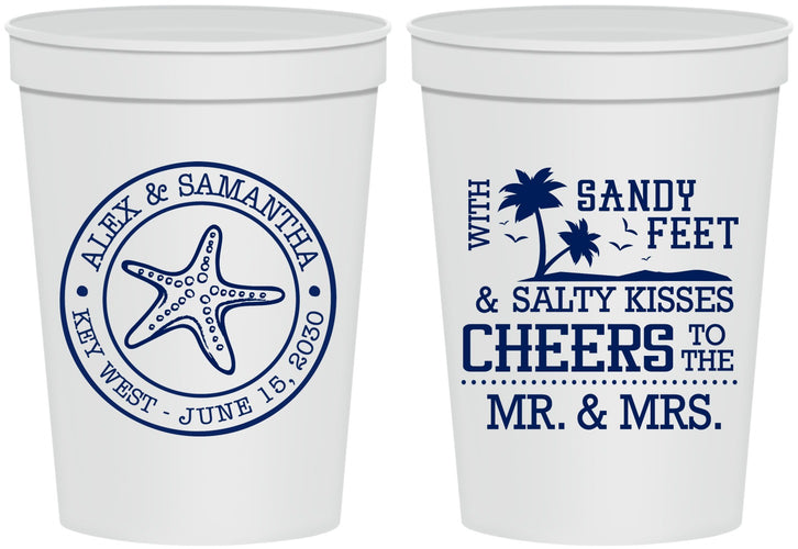 Personalized Wedding 16 oz Stadium Cups - Sandy Feet Salty Kisses | 488
