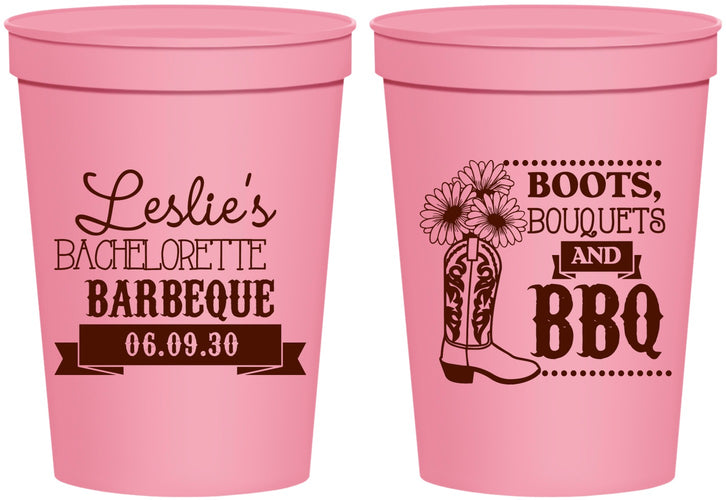 Personalized Bachelorette 16 oz Stadium Cups - Boots Bouquets Bbq | 60035