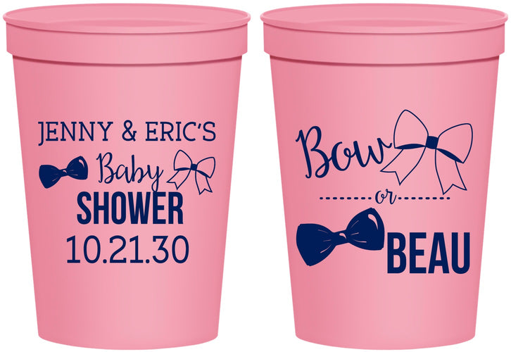 Personalized Baby Shower 16 oz Stadium Cups - Gender Reveal Bow Or Beau | 90004