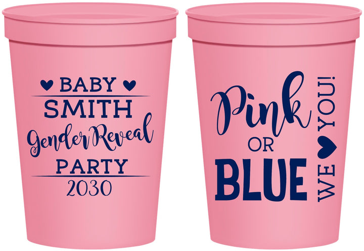 Personalized Baby Shower 16 oz Stadium Cups - Gender Reveal Pink Or Blue | 90012