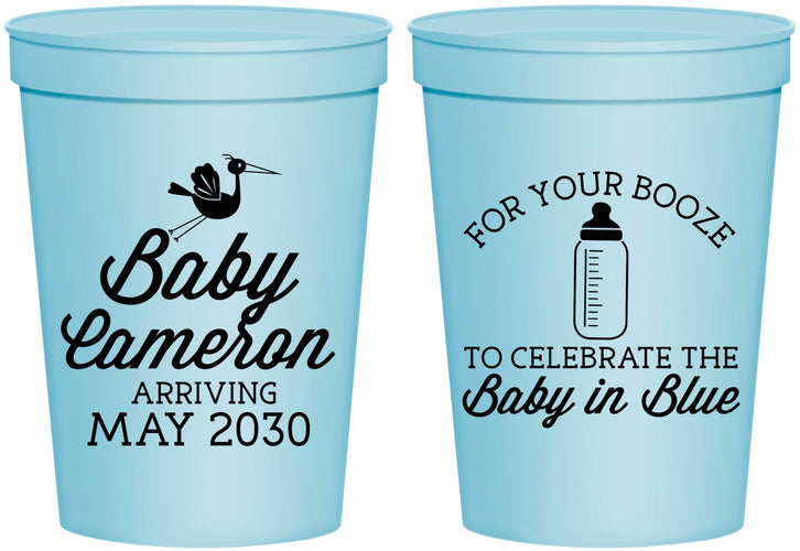 Personalized Baby Shower 16 oz Stadium Cups - Booze Baby In Blue | 90015