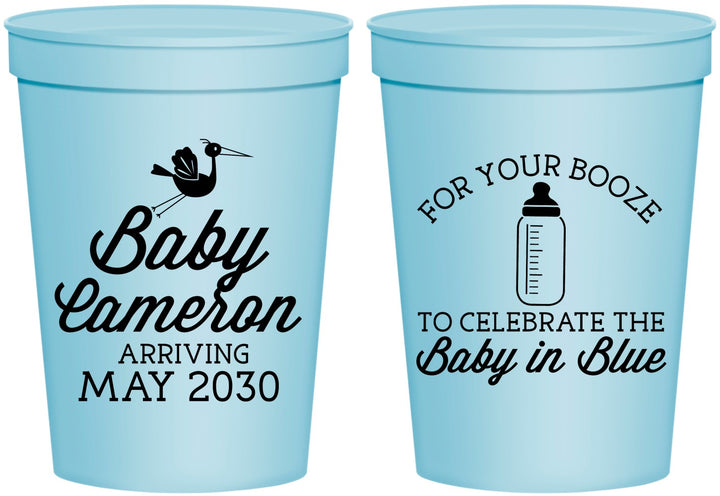 Personalized Baby Shower 16 oz Stadium Cups - Booze Baby In Blue | 90015