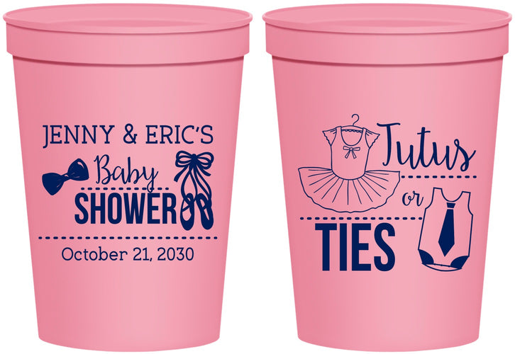 Personalized Baby Shower 16 oz Stadium Cups - Gender Reveal Tutus Or Ties | 90033