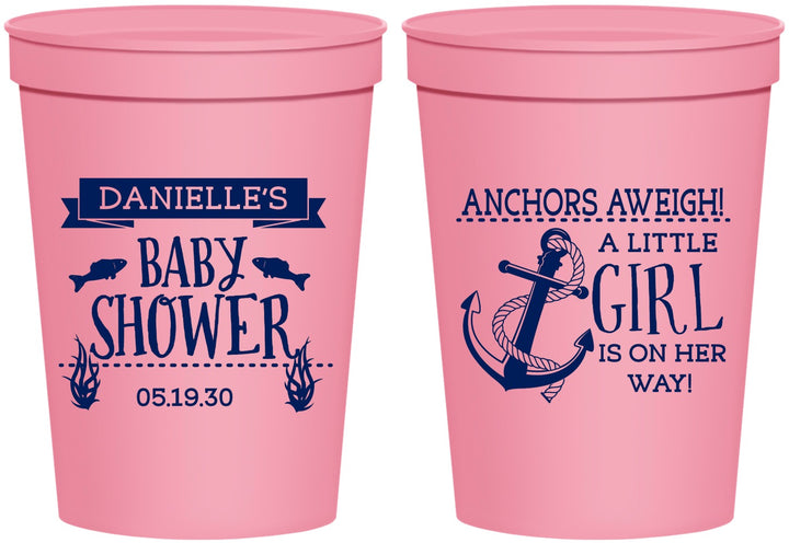 Personalized Baby Shower 16 oz Stadium Cups - Anchors Aweigh Little Girl | 90056