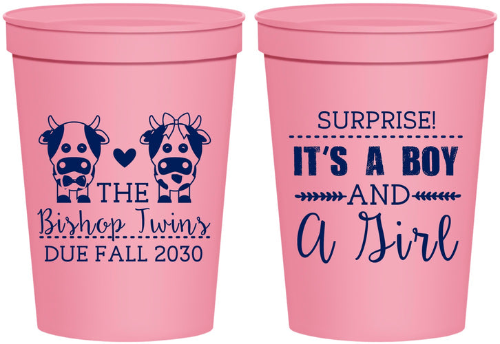 Personalized Baby Shower 16 oz Stadium Cups - Twins Baby Cows | 90067
