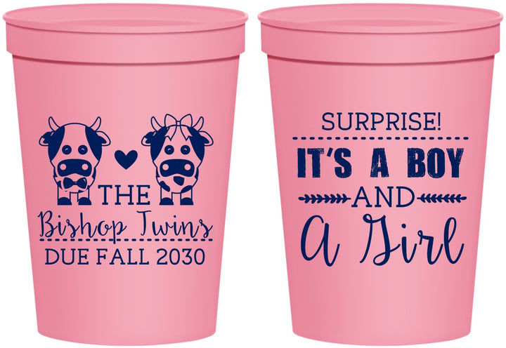 Personalized Baby Shower 16 oz Stadium Cups - Twins Baby Cows | 90067