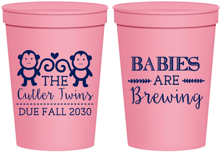 Personalized Baby Shower 16 oz Stadium Cups - Twins Baby Monkeys | 90068