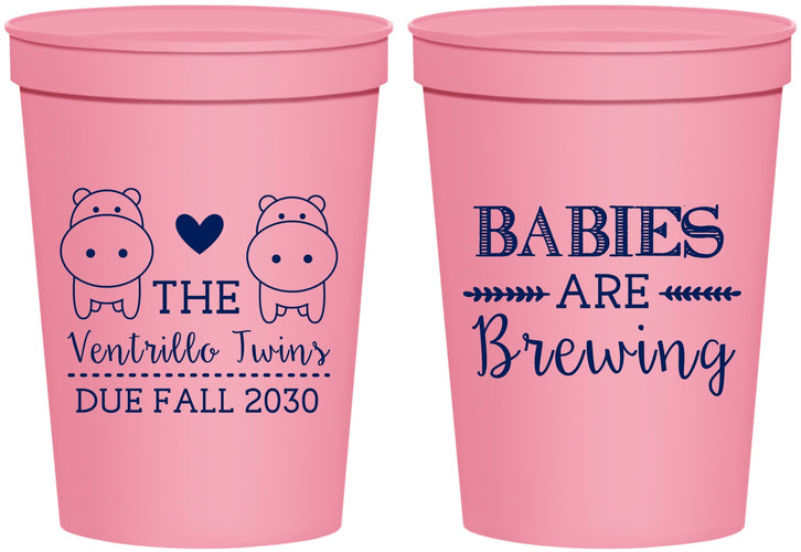 Personalized Baby Shower 16 oz Stadium Cups - Twins Baby Hippos | 90069