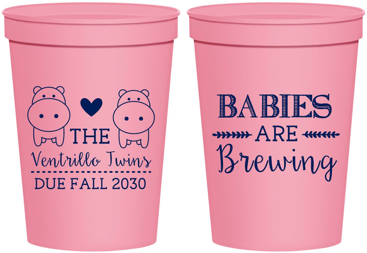 Personalized Baby Shower 16 oz Stadium Cups - Twins Baby Hippos | 90069