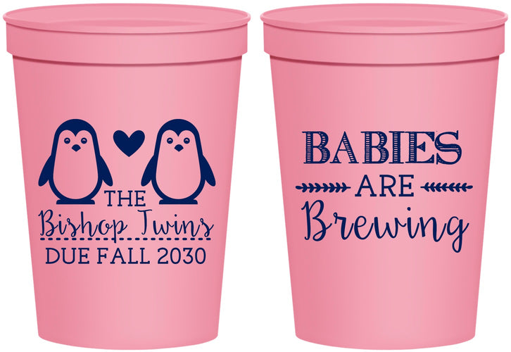 Personalized Baby Shower 16 oz Stadium Cups - Twins Baby Penguins | 90070