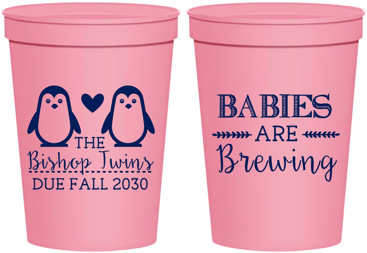 Personalized Baby Shower 16 oz Stadium Cups - Twins Baby Penguins | 90070