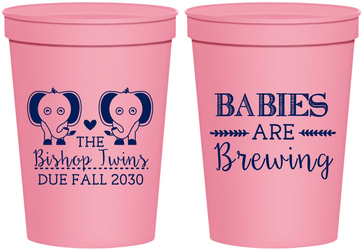 Personalized Baby Shower 16 oz Stadium Cups - Twins Baby Elephant | 90071