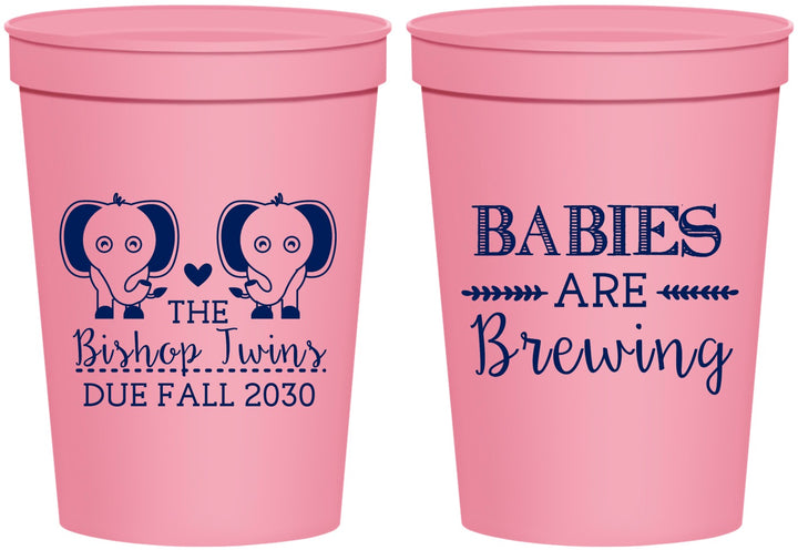 Personalized Baby Shower 16 oz Stadium Cups - Twins Baby Elephant | 90071