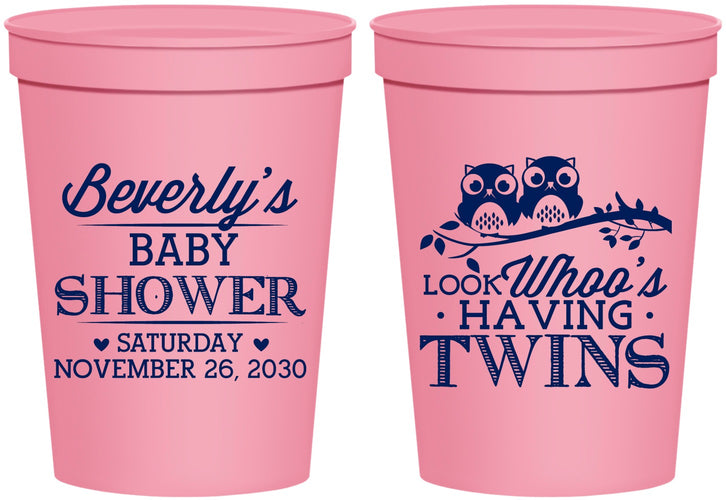 Personalized Baby Shower 16 oz Stadium Cups - Twins Baby Owls | 90074