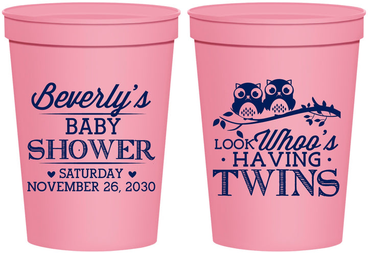 Personalized Baby Shower 16 oz Stadium Cups - Twins Baby Owls | 90074