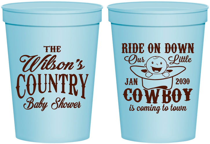 Personalized Baby Shower 16 oz Stadium Cups - Cowboy Coming To Town | 90105