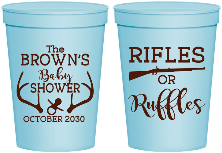 Personalized Baby Shower 16 oz Stadium Cups - Rifles Or Ruffles | 90122