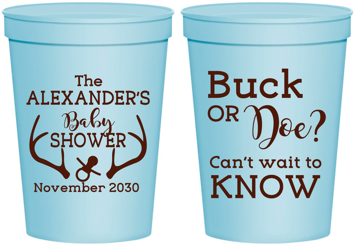 Personalized Baby Shower 16 oz Stadium Cups - Gender Reveal Buck Or Doe | 90131