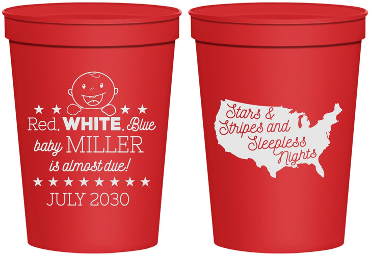Personalized Baby Shower 16 oz Stadium Cups - Red White Blue | 90197