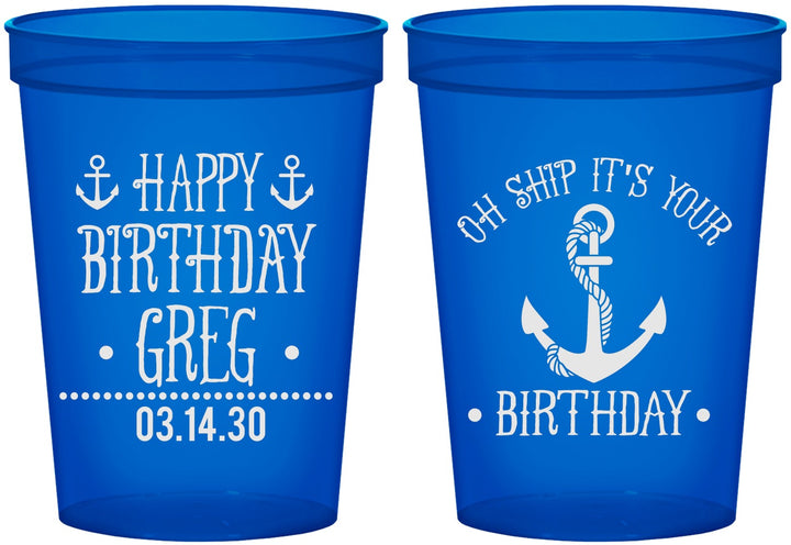 Custom Birthday 16 oz Translucent Cups - Oh Ship Nautical | 20238
