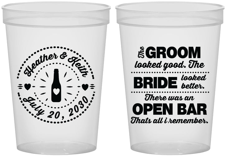Custom Wedding 16 oz Translucent Cups - Groom Bride Open Bar | 253