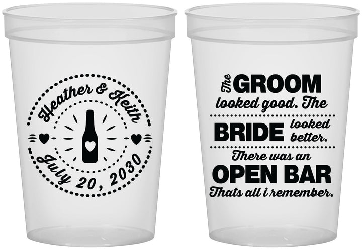 Custom Wedding 16 oz Translucent Cups - Groom Bride Open Bar | 253