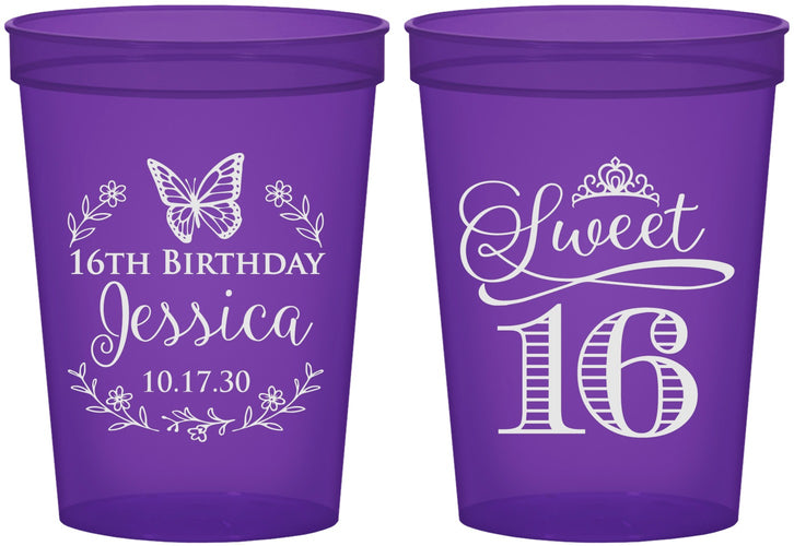 Custom 16th Birthday 16 oz Translucent Cups - Butterfly | 300005