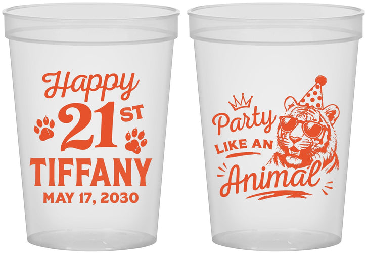 Custom 21st Birthday 16 oz Translucent Cups - Party Like An Animal Tiger | 340020