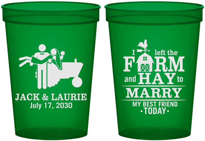Custom Wedding 16 oz Translucent Cups - Left The Farm Tractor | 347
