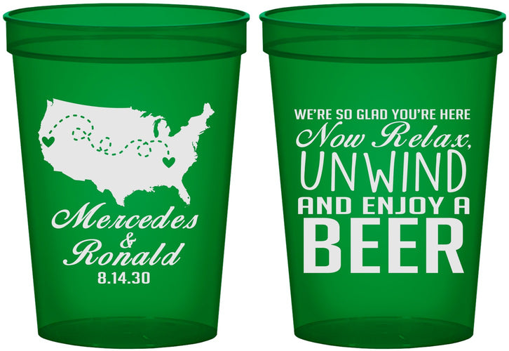 Custom Wedding 16 oz Translucent Cups - Relax Unwind Enjoy Beer | 360