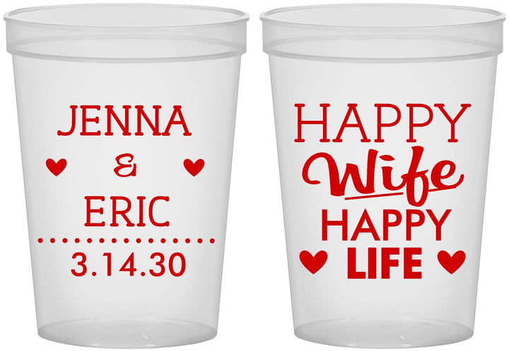 Custom Wedding 16 oz Translucent Cups - Happy Wife Happy Life | 393